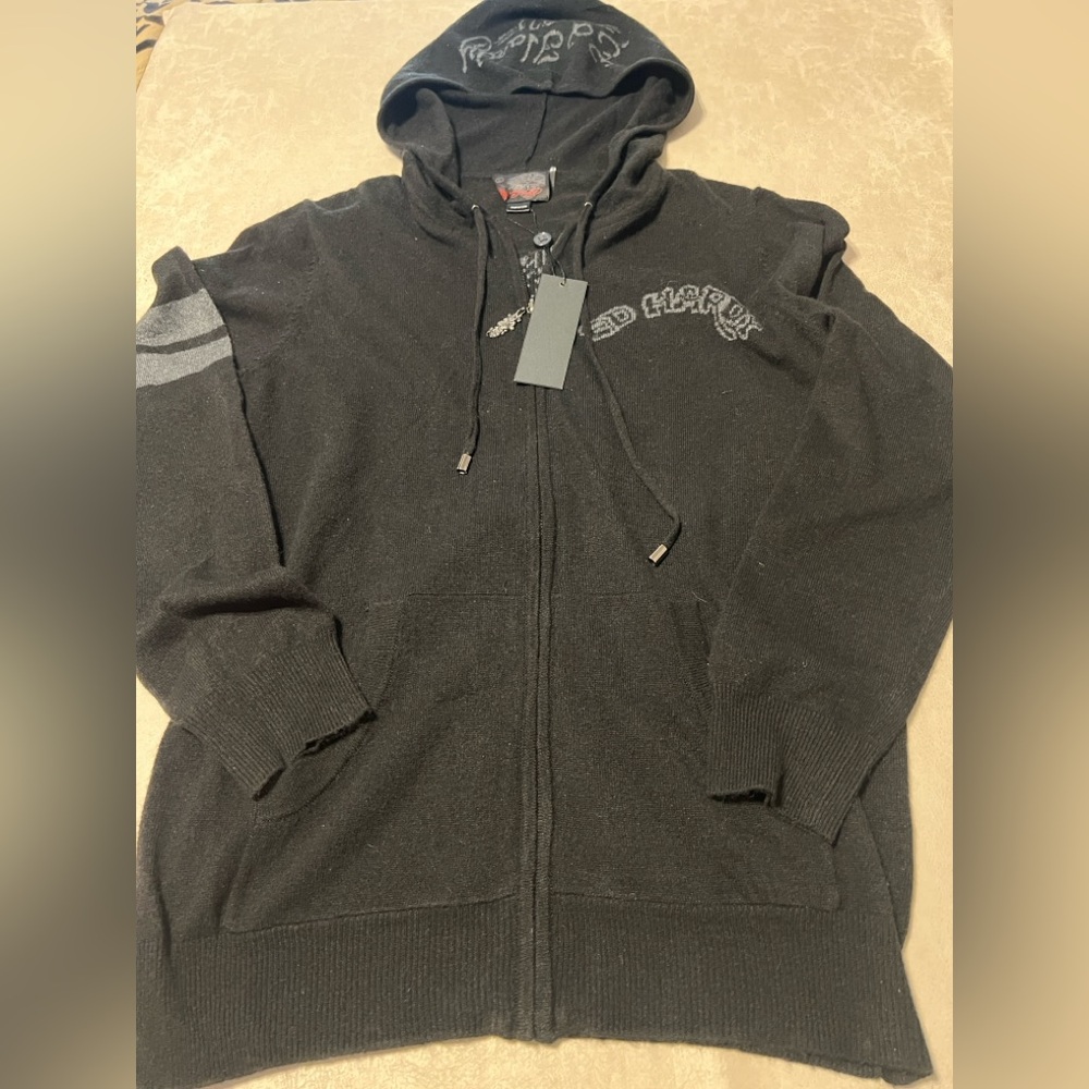 Ed Hardy by Christan Audigier Wool Angora Blend Black Full-Zip Hoodie. L. NEW!